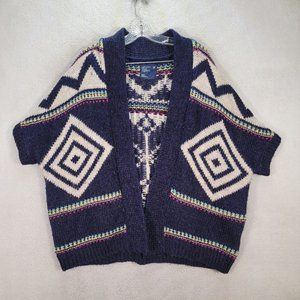 American Eagle Blue Wool Alpaca Short Sleeve Tribal Open Boho Cardigan Sweater